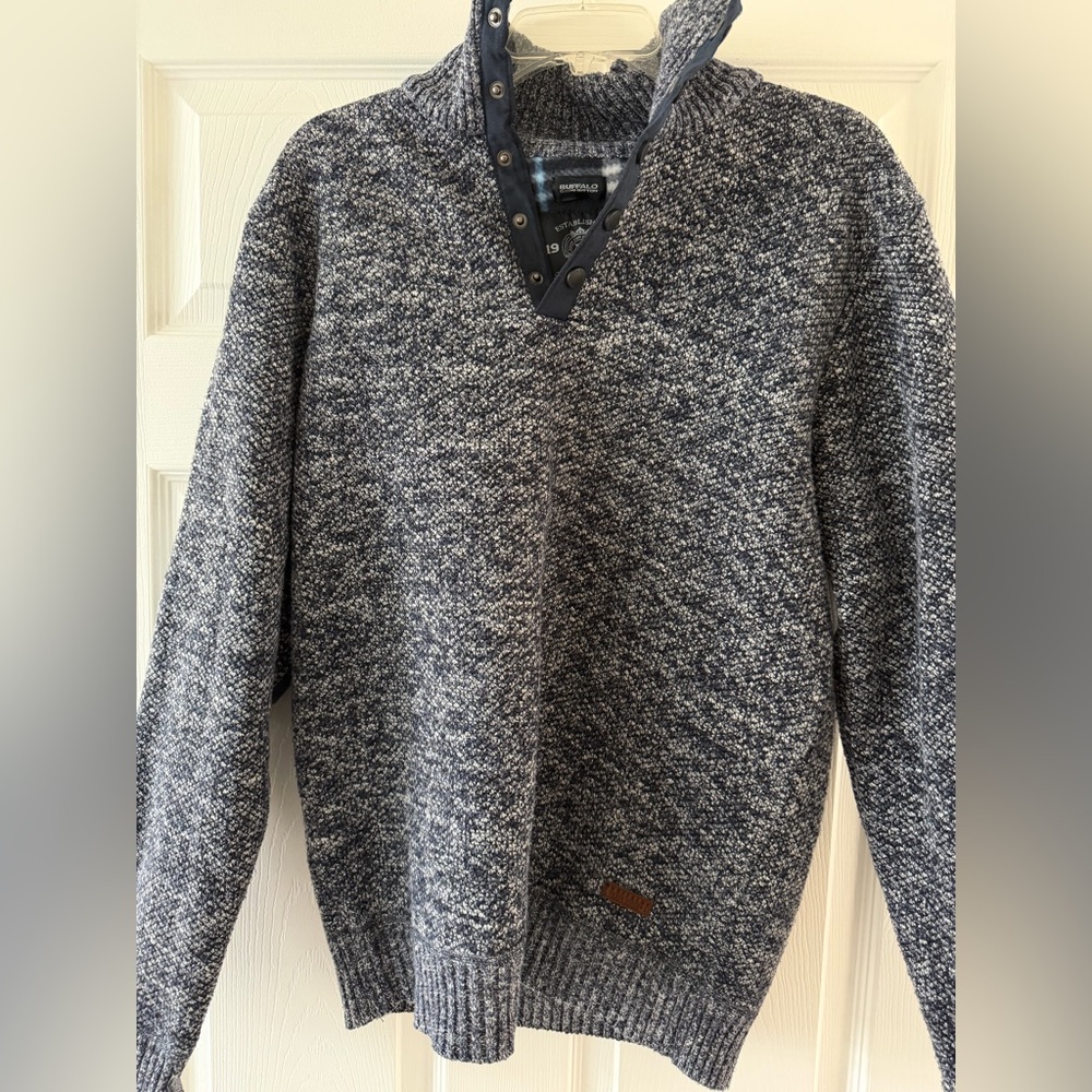Buffalo David Men’s Kit Pullover Sweater Snap Collar Elbow Patches Size M